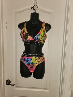 Tropical Neon Floral Bikini Set - Bright Pink & Lime